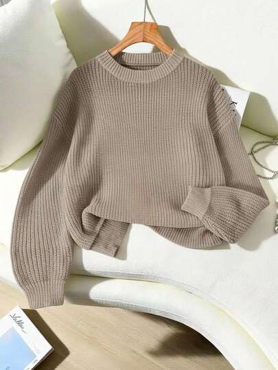 EMERY ROSE Women's Solid Color Round Neck Drop Shoulder Long Sleeve Casual Loose Pullover Sweater, Autumn/Winter