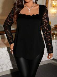 SHEIN Clasi Plus Size Women Curved Hem Square Neck Contrast Lace Long Sleeve Fashion T-Shirt - Black - View 6