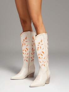 SHUZIA 时尚女士白色橙色仿皮PU杏仁头刺绣西部风牛仔过膝长靴粗跟套穿式牛仔竞技舞蹈假日秋冬鞋 - 橘色 - 查看 5