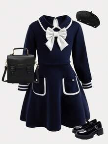 1pc Girls' Casual Collared Embroidered Colorblock Knit Dress - Navy Blue - View 1