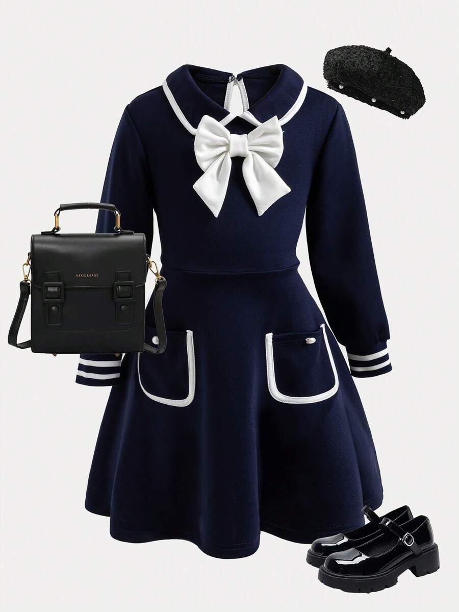 1pc Girls' Casual Collared Embroidered Colorblock Knit Dress - Navy Blue - View 1