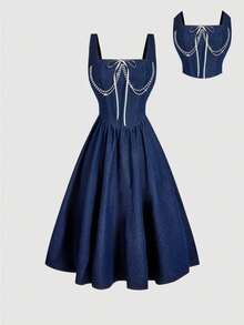 Sweetra 女士蓝色系带水钻装饰优雅无袖牛仔连衣裙 - 藍色 - 查看 5