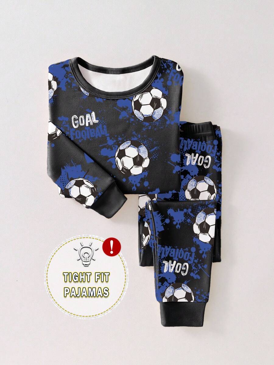 1 set Pijama ajustado para niños pequeños, conjunto de top de manga larga y pantalones con estampado de graffiti de fútbol negro y azul - Negro - Ver 1