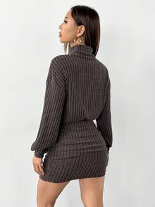 SHEIN PETITE 高領落肩抓皺緊身洋裝，女款休閒洋裝，適合嬌小女性 - 棕色 - 查看 2