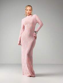 Missguided x Playboy Vestido maxi ajustado de manga larga y cuello alto con estampado de conejo plateado brillante para ocasiones de fiesta por la noche - Rosa vieja - Ver 4