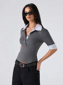 LYSMO 女士撞色拼接领插肩袖半开襟时尚修身T恤 - 深灰色 - 查看 6