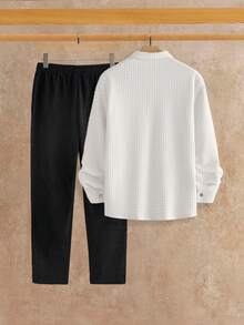 Manfinity VCAY Men's Casual Solid Color Long Sleeve Shirt And Pants Set - White - View 2