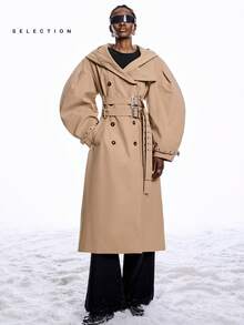 LYSMO Áo khoác trench coat tay loe cài hai hàng khuy thời trang dành cho nữ - Màu Khaki - Xem 3