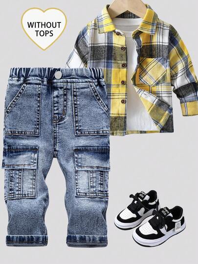 SHEIN Playful Pals Baby Boys'All-Matchc Casual + Washed Blue Slim Fit Cargo Pocket Denim Pants, Elastic Waistband, Versatile & Comfortable Daily Wear, Ess Trendy Item For Fashionable Babies