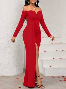 SHEIN Lady Vestidos elegantes e modernos para aniversários femininos na primavera e no verão, vestidos de festa elegantes, vestidos formais femininos, vestidos de baile, vestidos de noiva, vestidos para convidadas de casamento, roupas femininas de verão, vestido longo preto liso, justo, com ombros à mostra, mangas compridas e fenda. - Vermelho - Ver 6