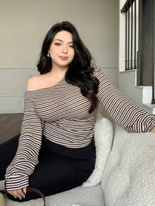 Dazy Plus Fashionable Casual Striped Off-Shoulder Lantern Sleeve Fitted Cropped Elegant Long Sleeve T-Shirt - Khaki - View 7