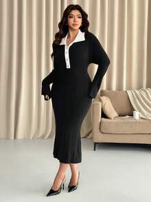 Vionelle Color Block Collar Plus Size Sweater Dress, Fitted Slim Waist Knit Midi Skirt, Autumn/Winter Plus Size Black And White Dress Plus Long Dress Curvy Dress Women Plus Dress 8xl Women Clothes - Black - View 3