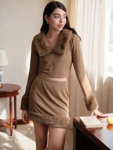 SHEIN MOD 70年代复古卡其色保暖修身两件套——保暖套装，复古嬉皮风，假日装，波西米亚风，Y2K风，西部牛仔风，游牧风，返校季，通勤装，老钱风女装，冬季女装，复古女装 - 棕色 - 查看 4
