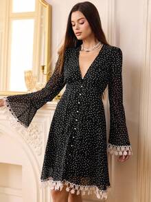 SHEIN Unity Romantic Elegant Versatile V-Neck Waist Design Lace Trim Puff Sleeve Polka Dot Print Chiffon Long Sleeve Dress, Autumn - Black and White - View 1