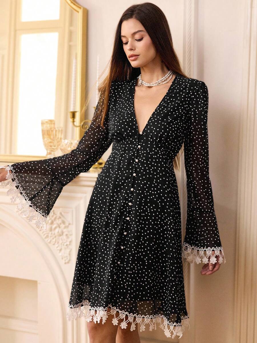 SHEIN Unity Romantic Elegant Versatile V-Neck Waist Design Lace Trim Puff Sleeve Polka Dot Print Chiffon Long Sleeve Dress, Autumn - Black and White - View 1
