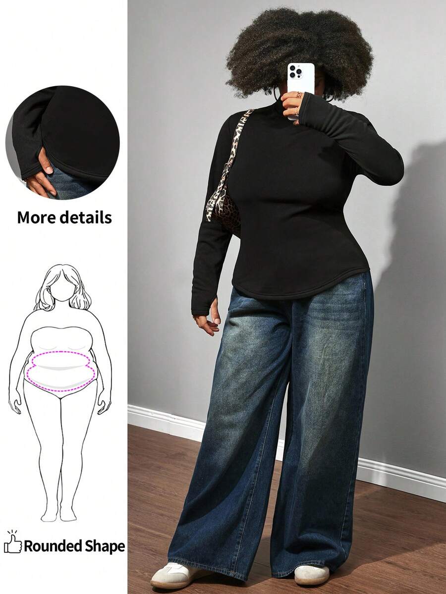 Enliva Plus Size Women's Black Thermal Lined Long Sleeve T-Shirt,Zipper Pockets Stretchy Fitted Tee,Autumn Casual Everyday For Apple Rounded - Black - View 1