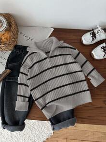 SHEIN 男童秋冬高领条纹拉链开衫毛衣，居家、上学、外出皆宜，米色和黑色 - 灰色 - 查看 6