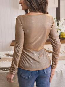 EMERY ROSE Women's Casual Solid Color Shiny Sequin Long Sleeve T-Shirt, Suitable For Autumn/Winter Home Wear - Champagne - View 2