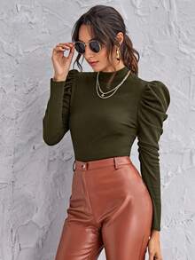 SHEIN Clasi 高领羊腿袖上衣 黑色上衣 - 橄欖綠 - 查看 3