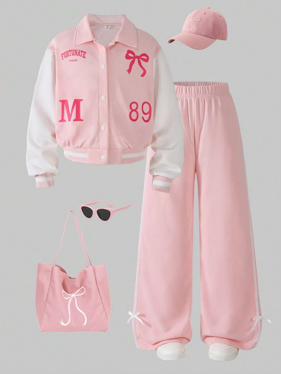 SHEIN 两件套女童休闲套装：时尚字母图案纽扣外套和条纹阔腿裤套装，适合秋冬季穿着。 - 彩色 - 查看 1