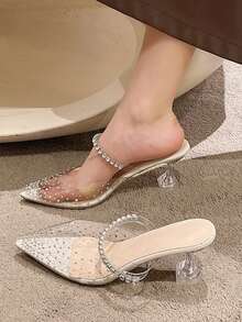 Moda de verano con taladros puntiagudos abrochados cuadrados tacones altos estilo hada transparente con zapatillas de talón fino, Zapatos de tacón de mujer - Blanco - Ver 2