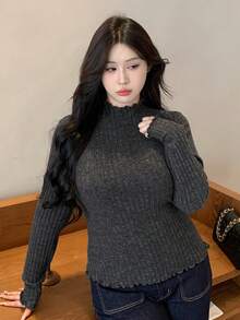 Dazy Plus 大码女式弹力修身罗纹长袖T恤 - 深灰色 - 查看 5