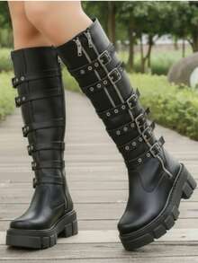 Bota alta de mujer charol brillante, punta redonda, multicintas con hebilla, cremallera, suela gruesa estilo punk para diario y fiesta - Negro - Ver 2