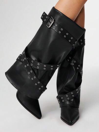 Black Pointed Toe Slip-On Knee-High Comfortable Versatile Fashion Boots For Women