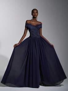 Elitara Elegant Luxury Textured Off-Shoulder Lash Lace Trim Ruched Maxi A-Line Dress, Evening Gown, Lightweight Mesh Dress - Navy Blue - View 8