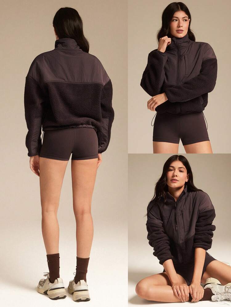 Chaqueta con cremallera de dos tonos con dobladillo con cordón, bolsillos laterales con cremallera, de felpa tipo nube, para uso diario y casual en otoño e invierno