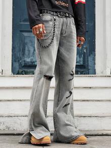 GALLERY FADE Men's Casual Distressed Pocket Flared Jeans - Grey - View 3