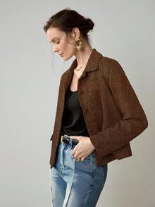 Uhlyne 女士复古经典硬币图案优雅休闲西装外套，带假口袋和纽扣，简约通勤夹克 - 棕色 - 查看 3