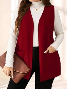 SHEIN PETITE CURVE Einfacher, locker sitzender Mantel in Unifarbe ohne Ärmel mit Tasche, Große Größen, für Frühling/Sommer, Urlaub im Herbst/Winter - Rot - Übersicht 6