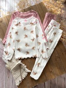 Emery Rose Kids Emery Rose Kids 6pcs/Set Young Girl Floral & Bear Print Knit Casual T-Shirt And Pants Loungewear Set Cute Pj Sets Axolotl Pajamas Girls Pj Sets Teddy Bear Pajama Set Girl Pajama Sets - Multicolor - View 5