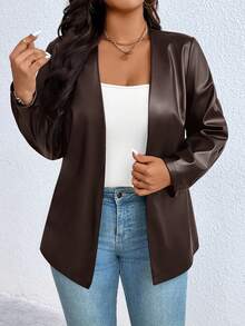 EMERY ROSE Plus Size Women Casual Minimalist Front Open PU Leather Blazer Jacket, Autumn - Brown - View 3