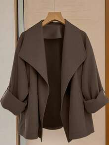 GlowEve CURVE Plus Size Women Roll Tab Sleeve Loose Casual Jacket, Solid Color, Versatile For Daily, Work Commute, Autumn/Winter - Brown - View 7