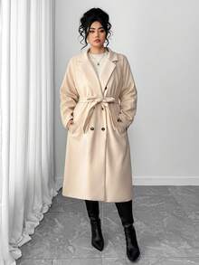 SHEIN Tall CURVE 秋冬款大码纯色腰带优雅长袖大衣 - 杏色 - 查看 4