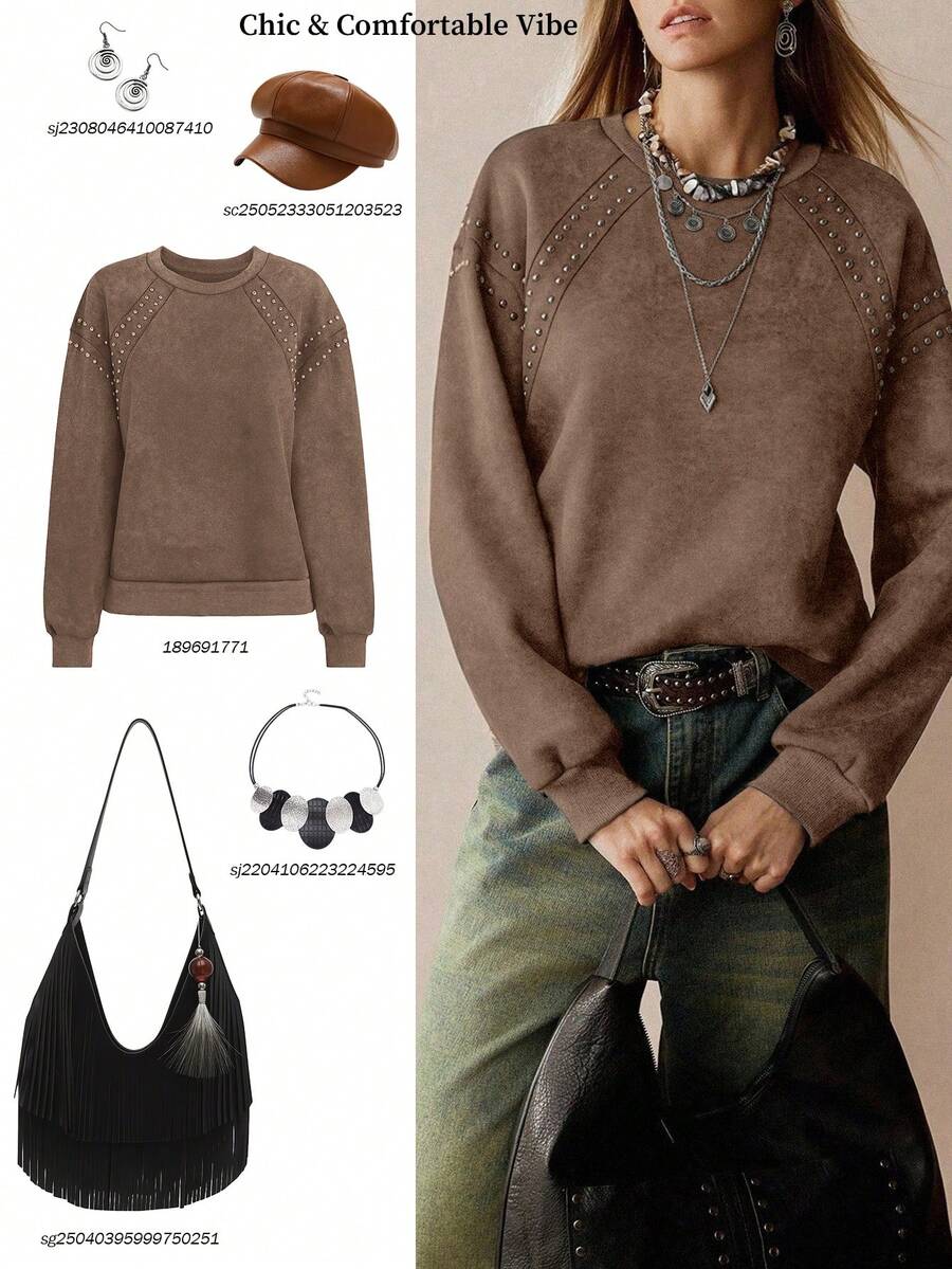 Florisole Sudadera casual y elegante de mujer con estampado de efecto desgastado y tachuelas - Café integral - Ver 1