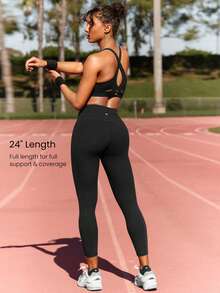 GLOWMODE Mallas de 24" con control de abdomen FeatherFit™, protección de rodillas, bolsillos laterales, de impacto medio para entrenamiento, trotar, gimnasio - Negro - Ver 4