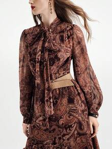 Aveloria Modichic Autumn/Winter Random Cashew Flower Print Chiffon Dress With Tie Collar, Frill Trim And Asymmetric Hem, Long Sleeve - Multicolor - View 7