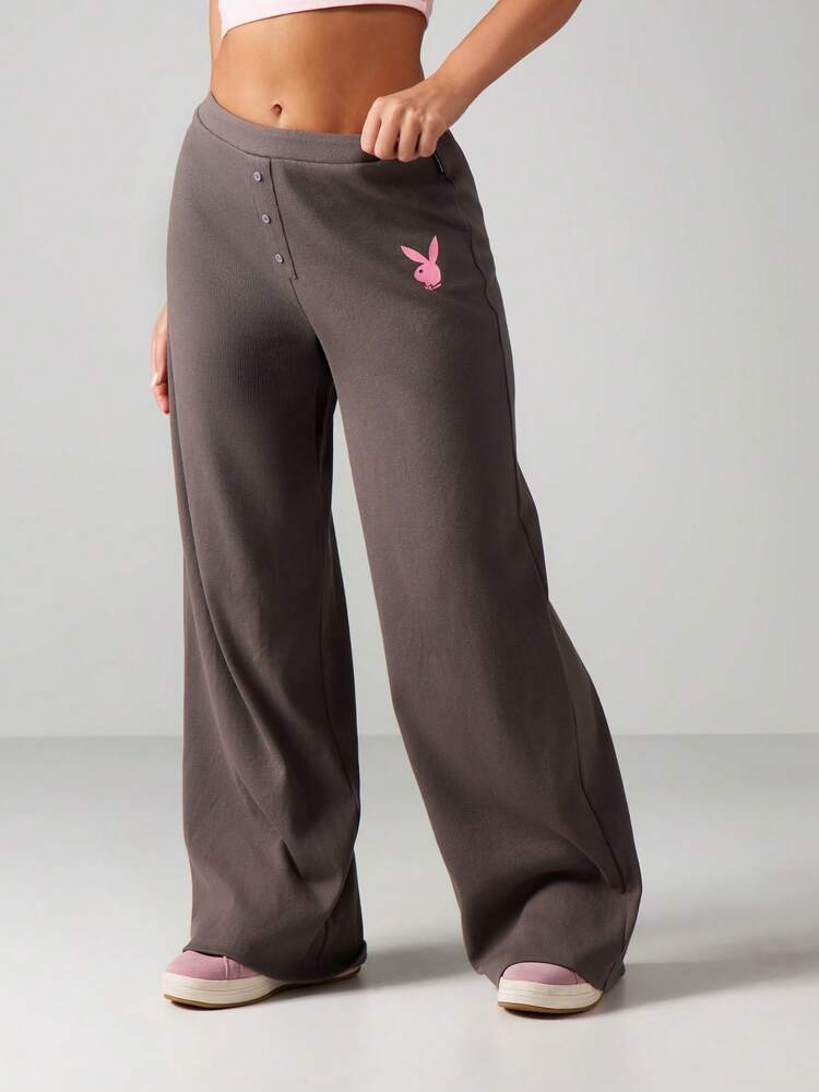 Missguided x Playboy Button Detail Wide Leg Casual Pants With Ribbed Texture And Logo Embellishment