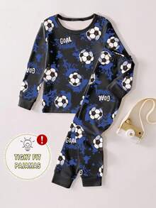 1 set Pijama ajustado para niños pequeños, conjunto de top de manga larga y pantalones con estampado de graffiti de fútbol negro y azul - Negro - Ver 3