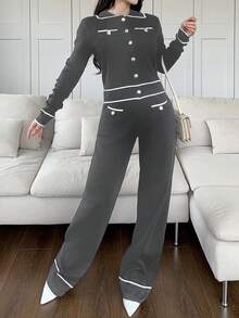 Feyla 2pcs Women Contrast Color Block Button Front Pocket Long Sleeve Top And Pants Set 2 Pieces Set In Fall/Winter - Dark Grey - View 2