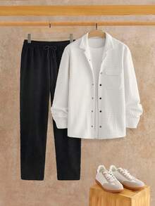Manfinity VCAY Men's Casual Solid Color Long Sleeve Shirt And Pants Set - White - View 11