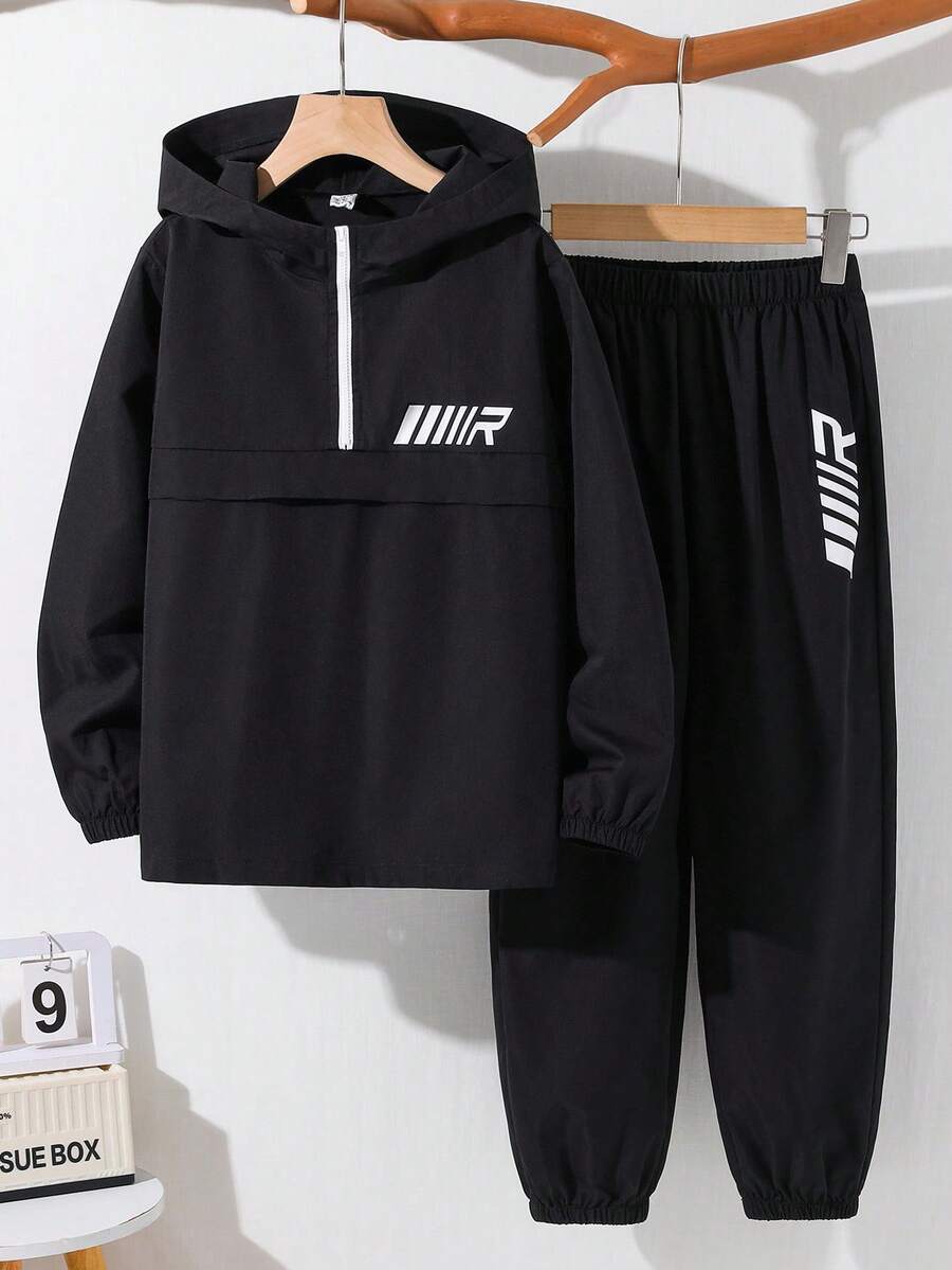 SHEIN 2pcs/Set Teen Boy Letter Print Half-Zip Hoodie Jacket And Elastic Cuff Pants Casual Outfit, Tracksuit For Teen Boys, Sweat Set - Black - View 1