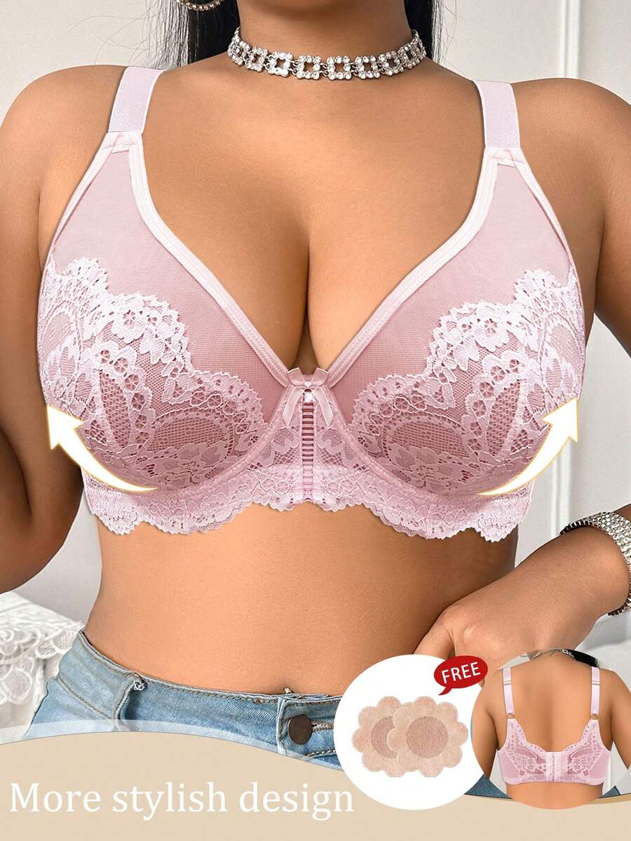 SHEIN 1pc Plus Size Comfortable Lace Bra With Underwire, Pink - Pink - View 1