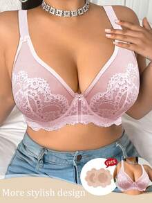 SHEIN 1pc Plus Size Comfortable Lace Bra With Underwire, Pink - Pink - View 3