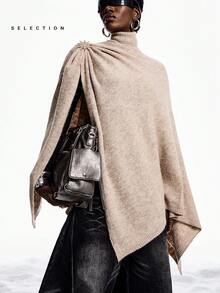 LYSMO 2025 New Arrive Minimalism Winter Women's Solid Color Turtleneck Loose Asymmetrical Hem Knit Sweater - Camel - View 5