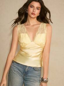 Poéselle 女士优雅通勤纯色蕾丝拼接日常及约会之夜夏季情人节优雅上衣 - 黃色 - 查看 5
