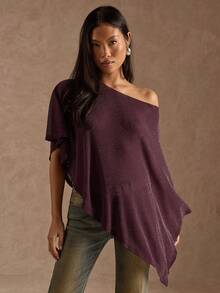 SHEIN BAE Women's Solid Purple Simple Sheer Shimmering Asymmetrical Neck Top / 2026 Fashion Top / Club Top / Maroon Top / Sheer Top / Purple Shawl/Going Out Tops For Women/Asymmetrical Shoulder Top/Party Top For Women/Night Out/New Year's For Women/Glitter Top - Maroon - View 7